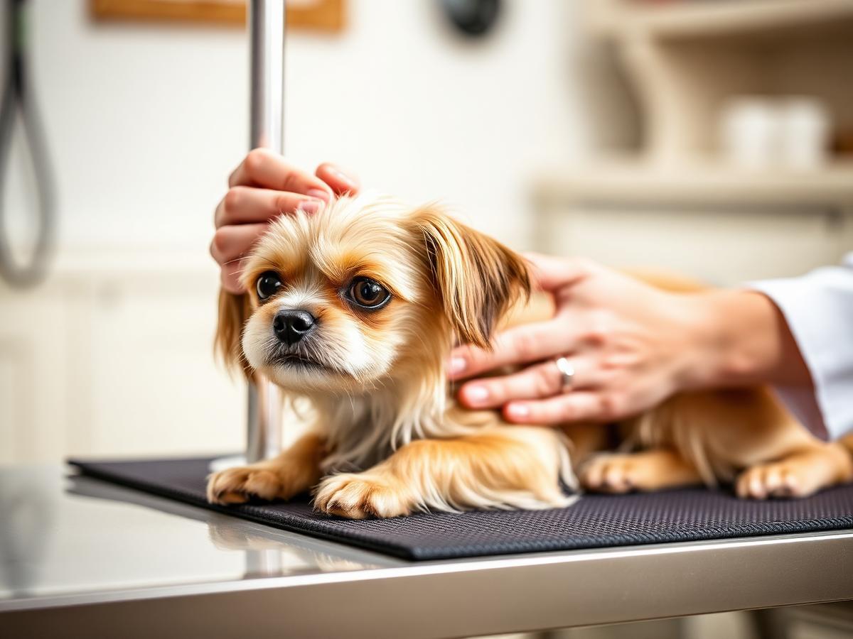 Christina gently brushing a small dog on the grooming table at her Atascadero salon