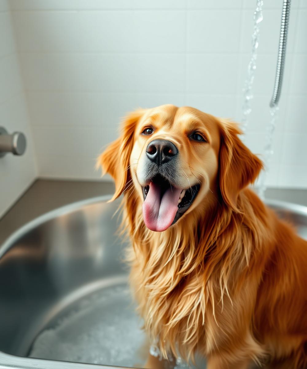 Golden retriever enjoying a warm bath in the grooming tub in Atascadero