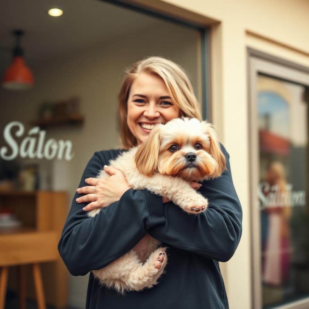 Local owner hugging her freshly groomed fluffy dog outside the Atascadero salon
